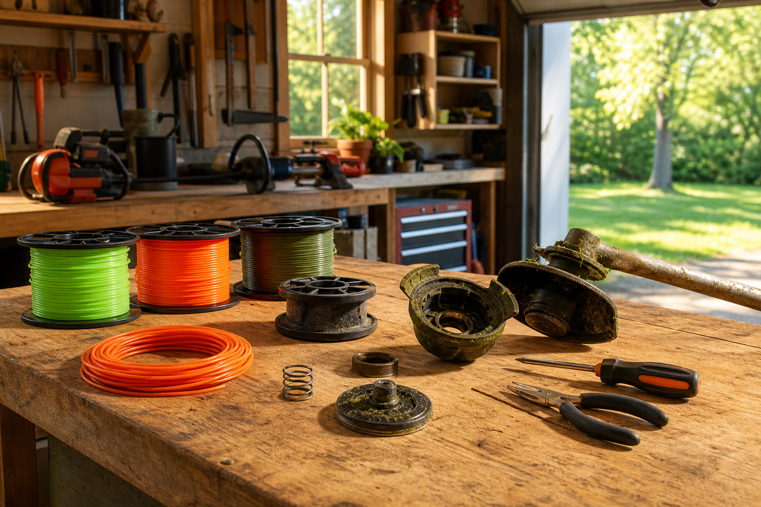 Replacement trimmer spools and line arranged on a workbench