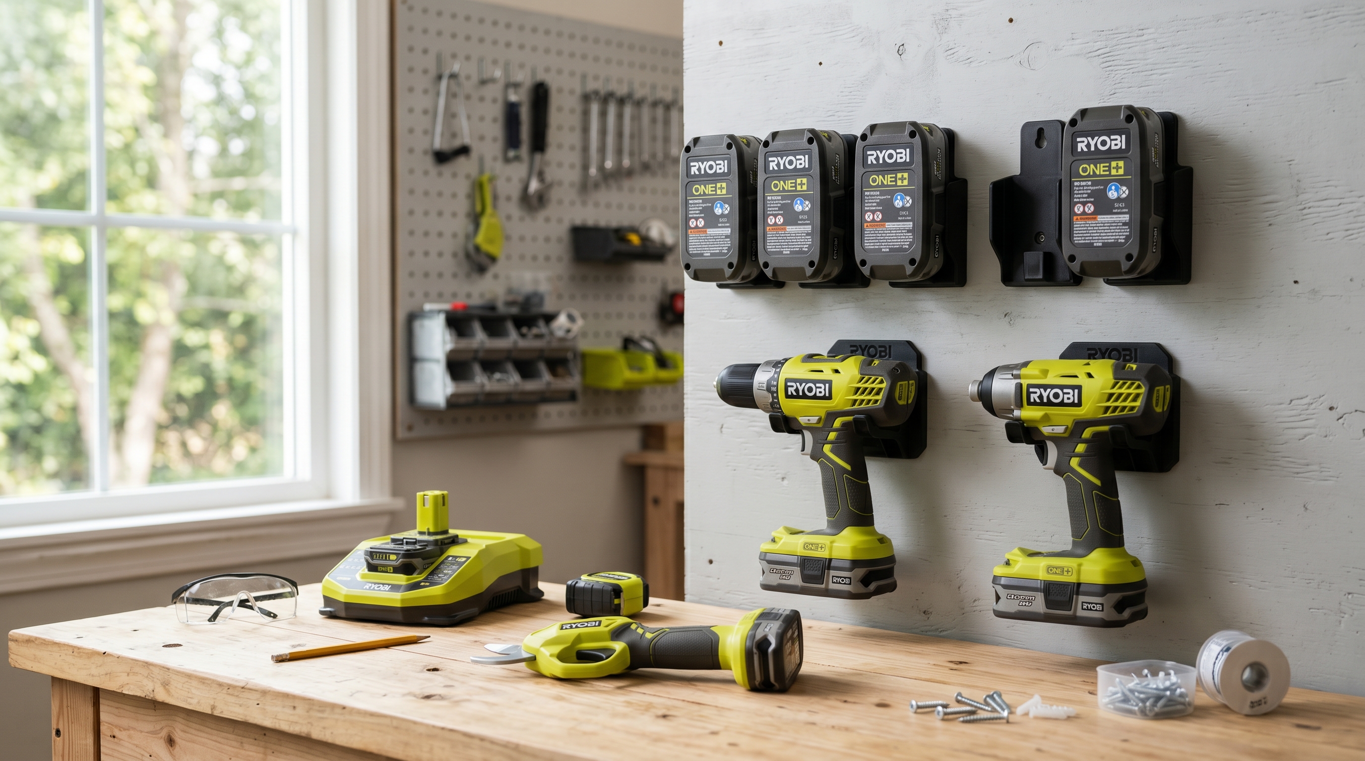Almacenamiento de batería Ryobi ONE+ 18V — Guía de montaje de pared para 300+ herramientas compatibles