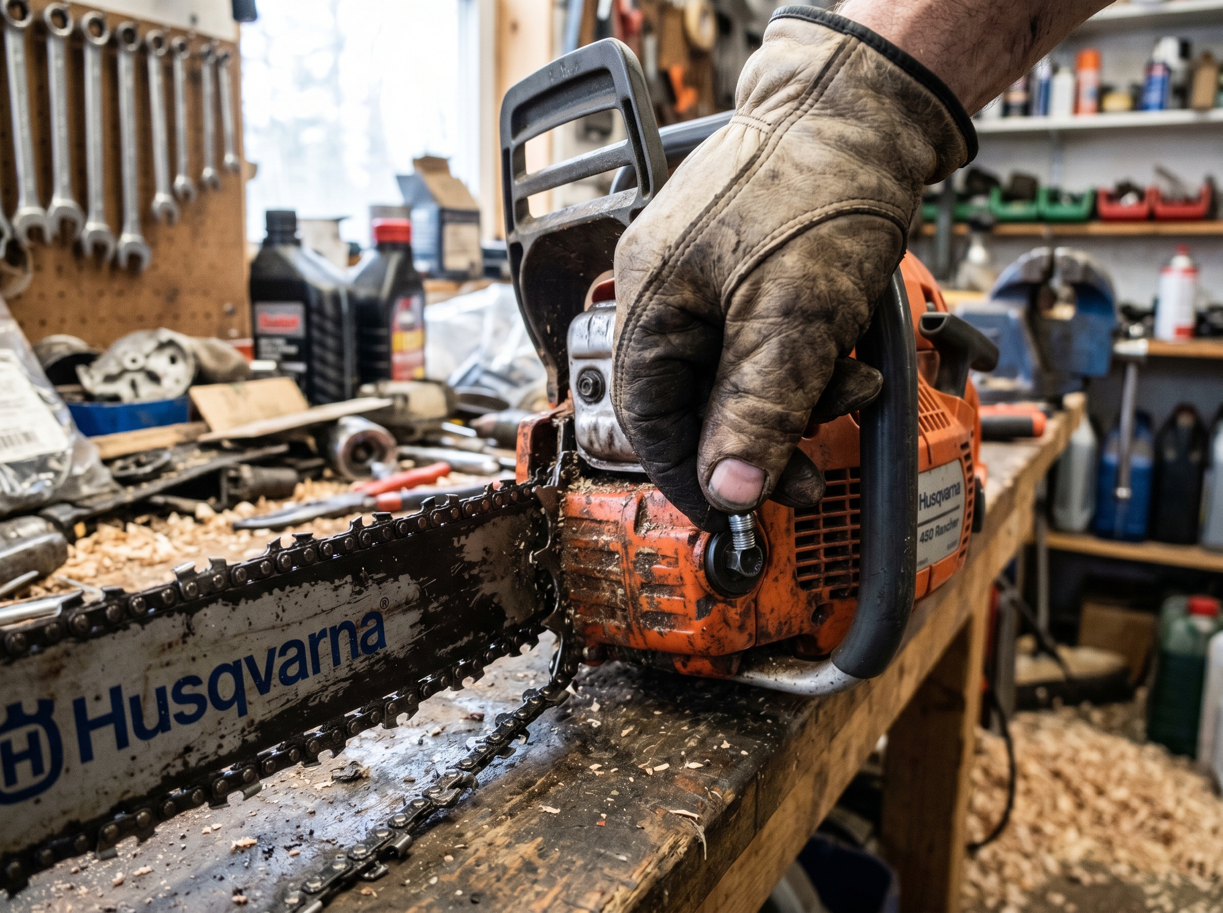 Chainsaw bar being oiled for winter storage