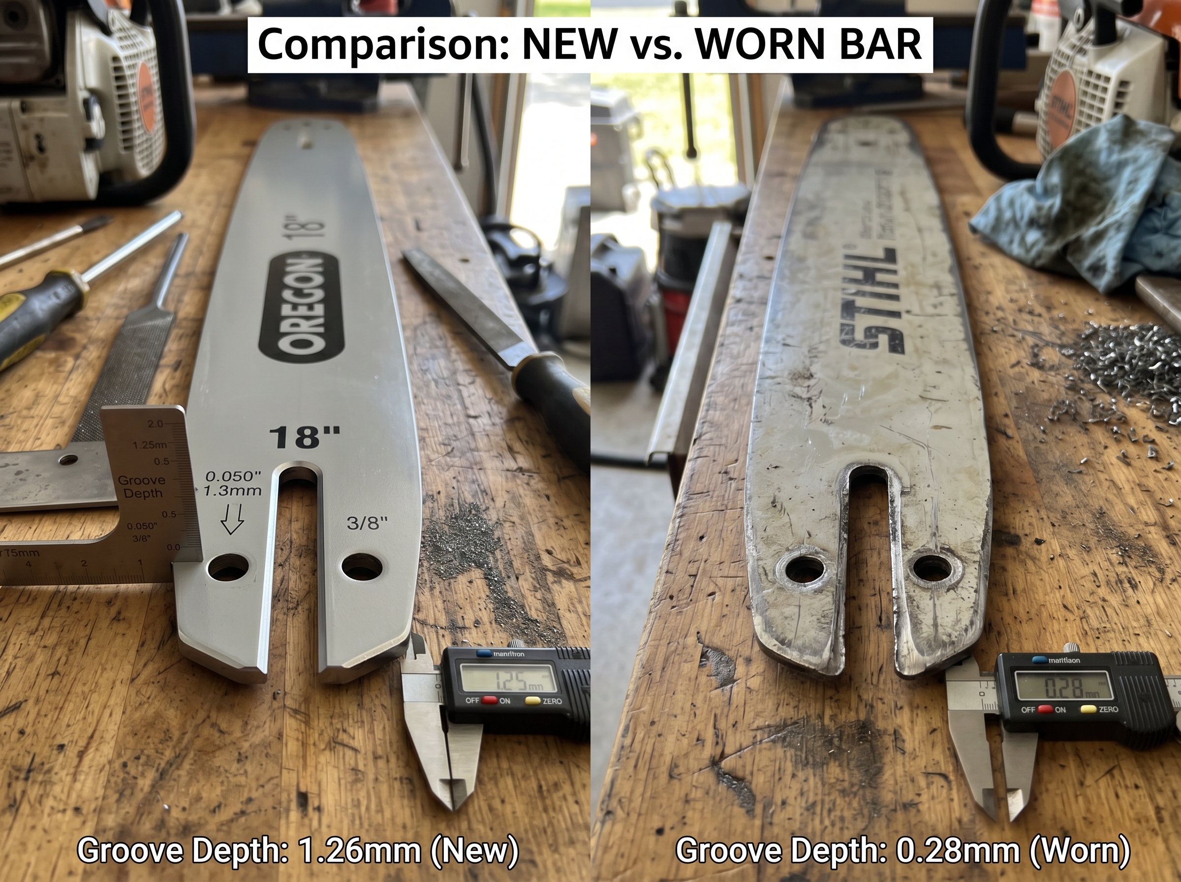 Chainsaw bar groove depth measurement with a drive link