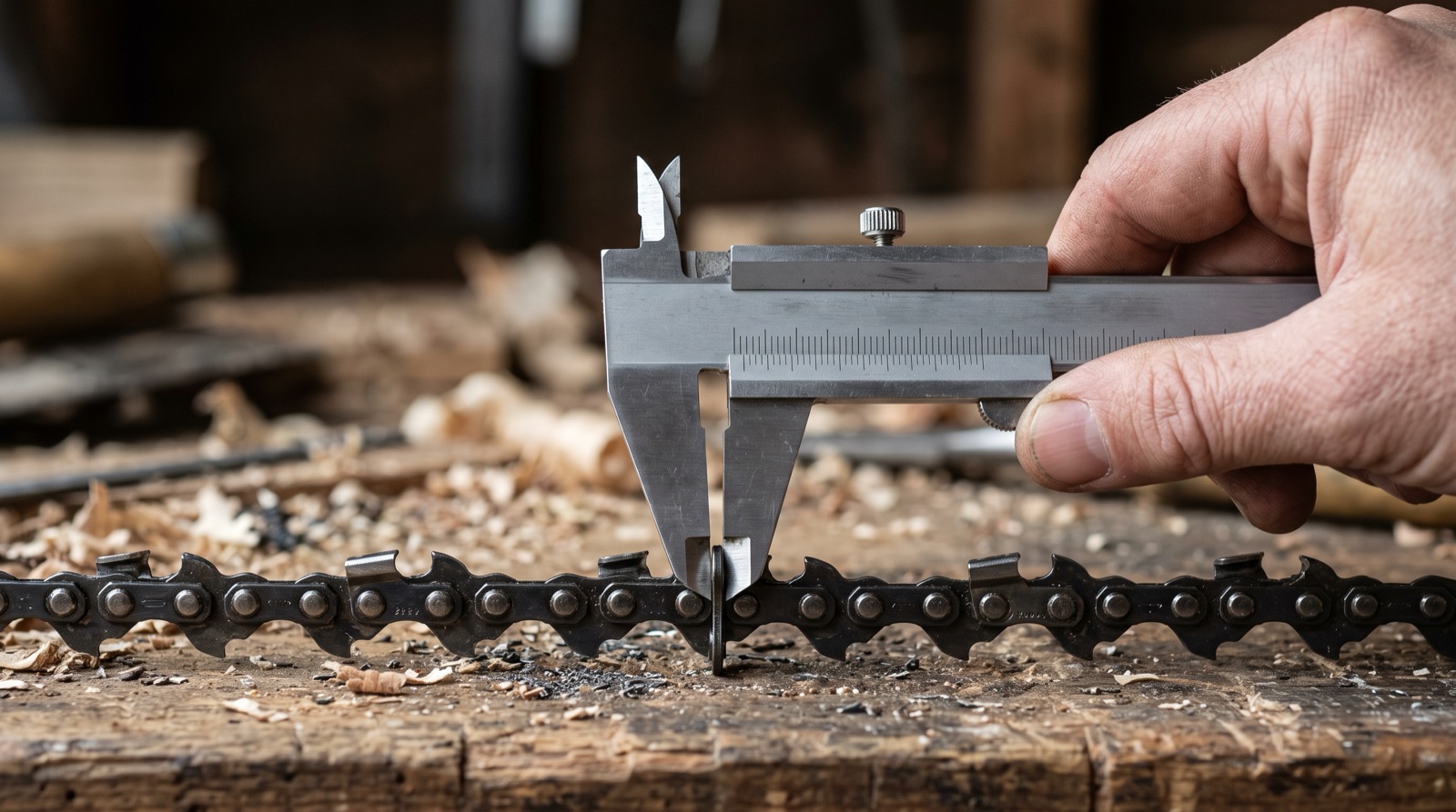 Measuring a chainsaw chain's gauge with a caliper