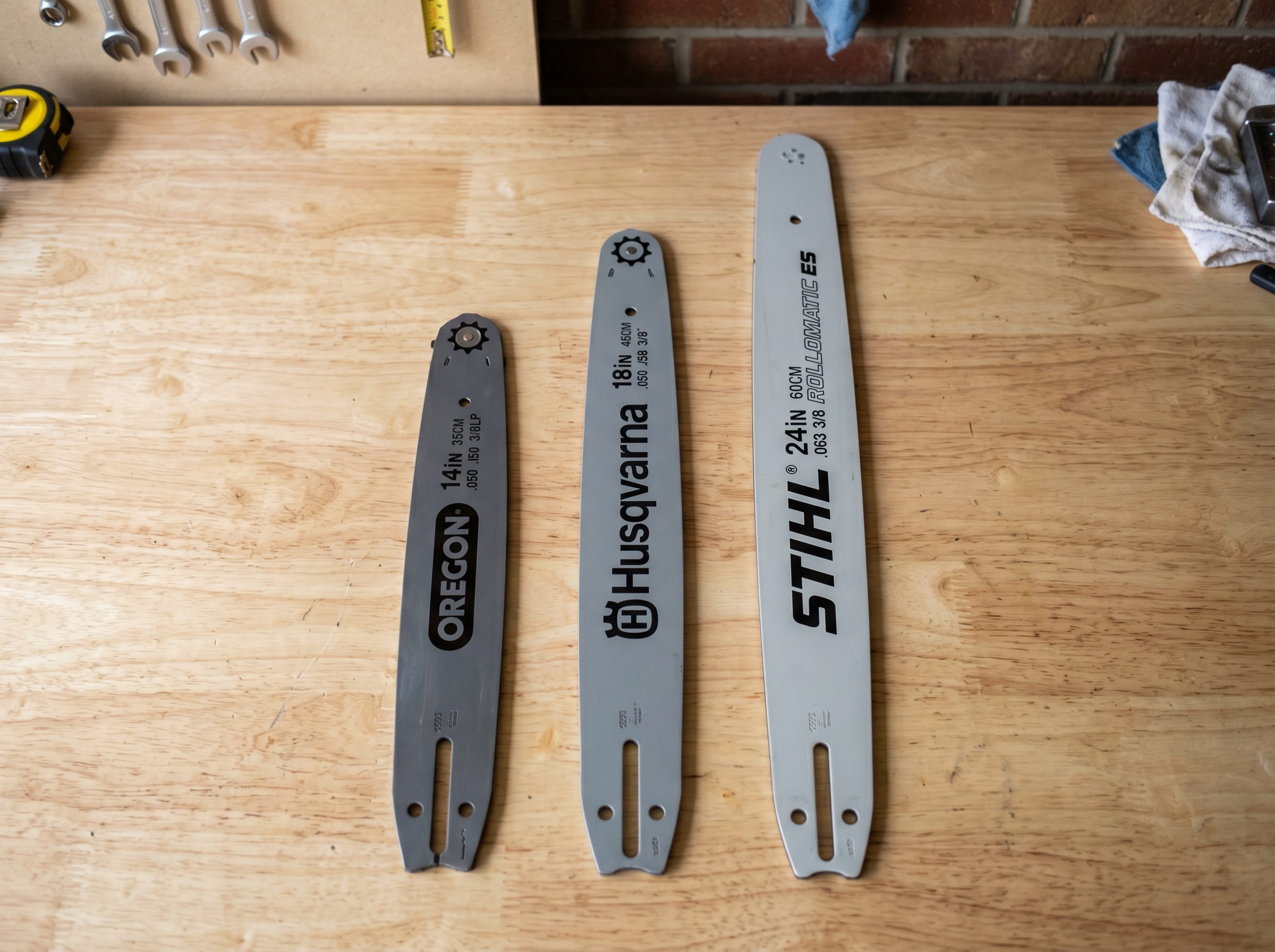 Pruning cuts on fruit tree branches with a short-bar chainsaw